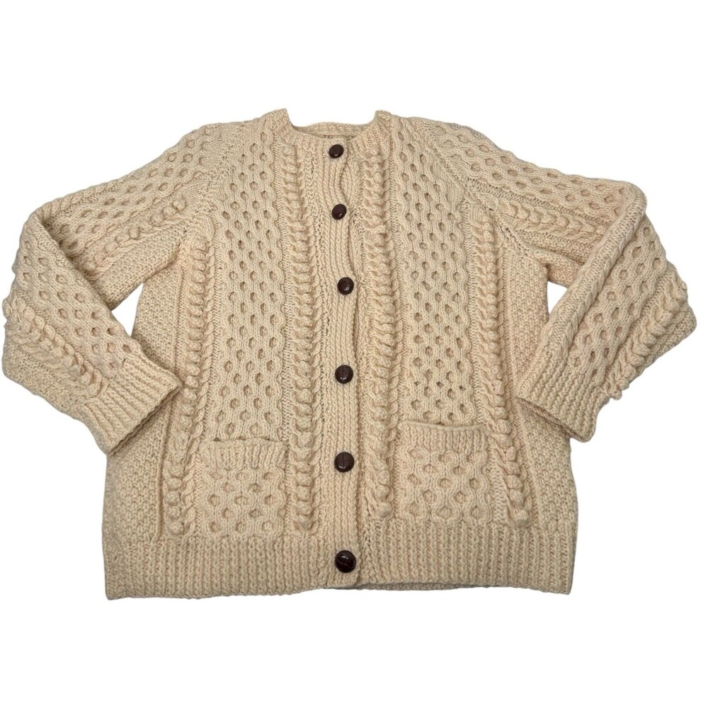 Hand Knit Irish Aran Wool Cardigan Sweater M Chunky Cable Fisherman Cottagecore